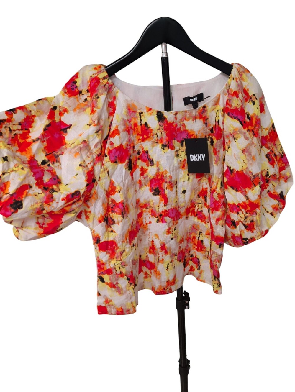 Retail $89 DKNY Abstract Print Puff Sleeve Linen Blend Top
